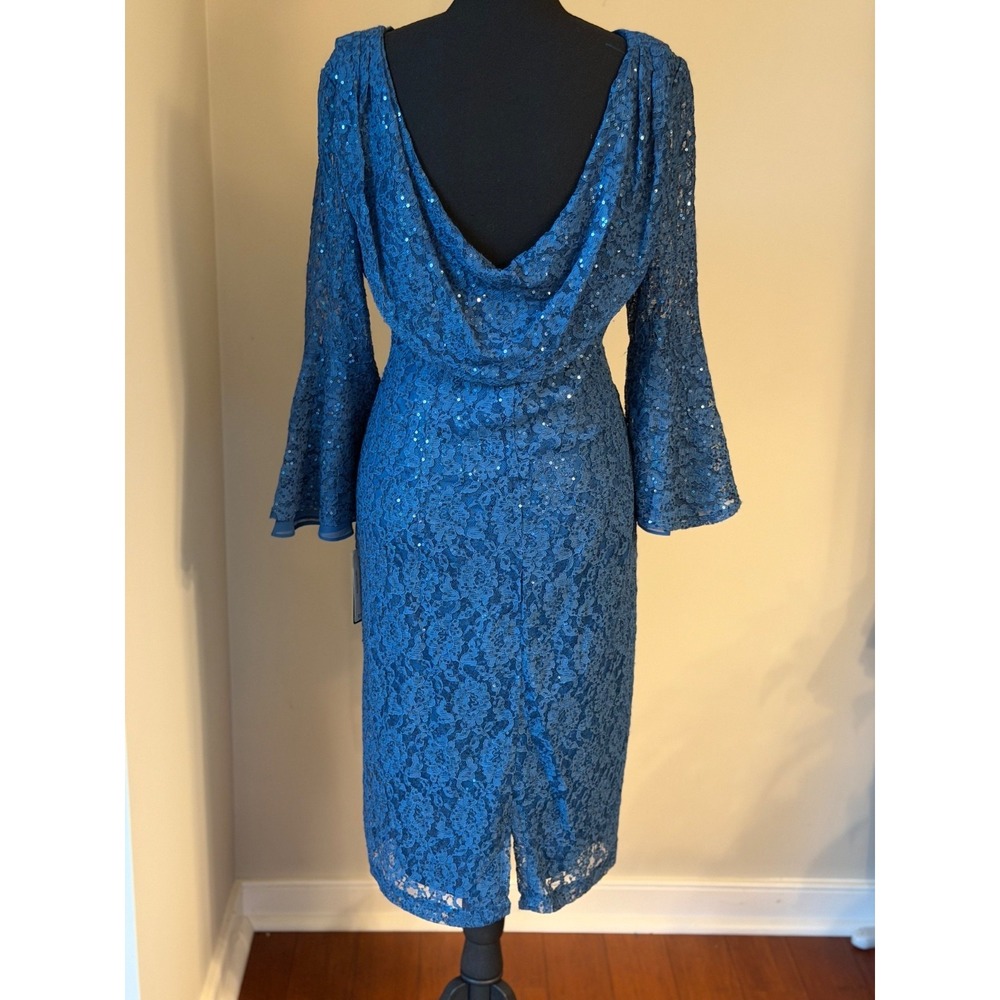 NWT SLNY Women's Sequin & Lace Dress Size 12  Teal‎ Draped Back Bell Sleeves